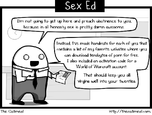 Cartoon of Sex Ed-klas wat ontwerp is om jongmense in pornografie en speletjies te hou sodat hulle maagde bly