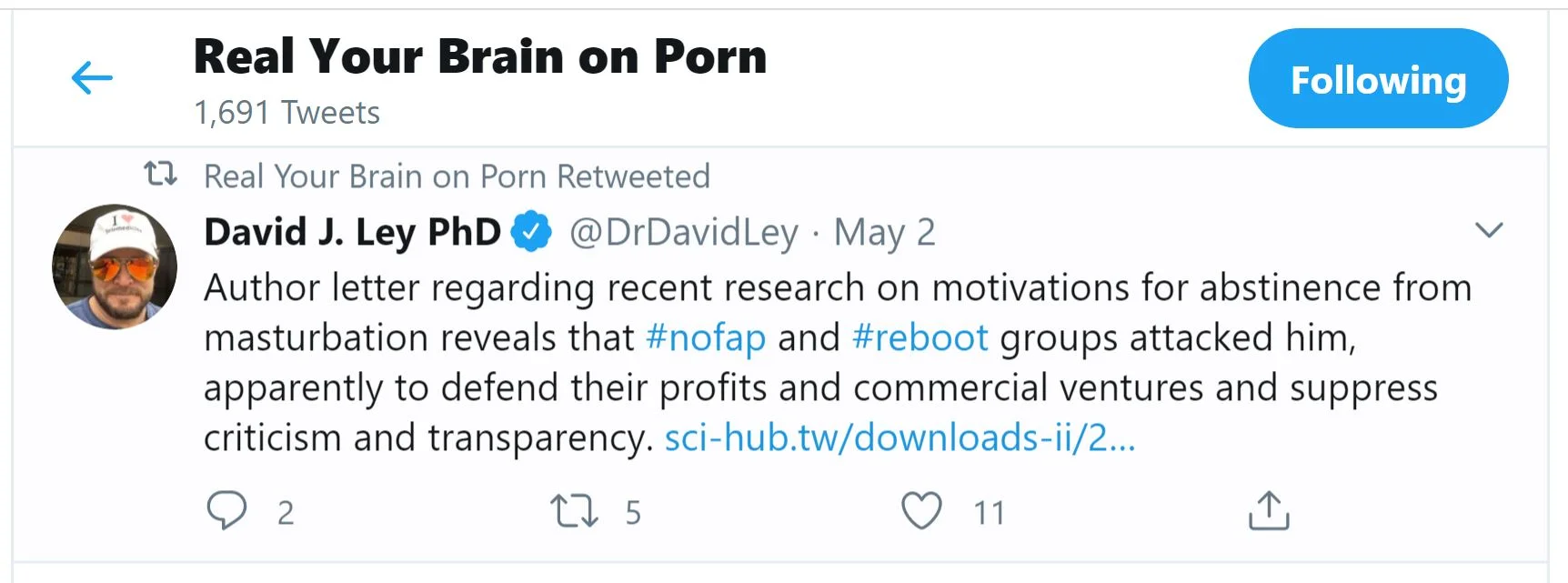 RealYourBrainOnPorn (@BrainOnPorn) tweets, page 2: Daniel Burgess, Nicole  Prause & pro-porn allies collaborate on a twitter account to support the  porn industry and to harass & defame anyone who speaks about porns